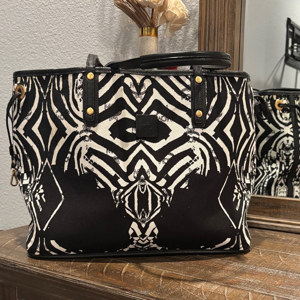 MCM Black and White Reversible Leather/canvas Tote